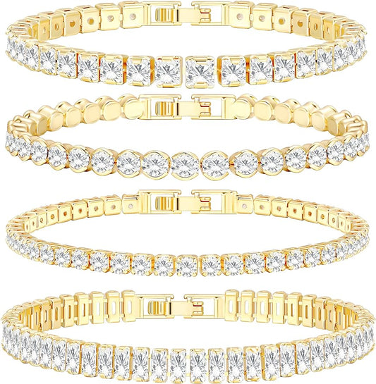 14K Gold Bracelet Set for Women, Gold Plated Diamond Cubic Zirconia Dainty Tennis Bracelets Pack, Classic Bracelets Aesthetic Jewelry for Gift | Size 6.5-7.5 Inch