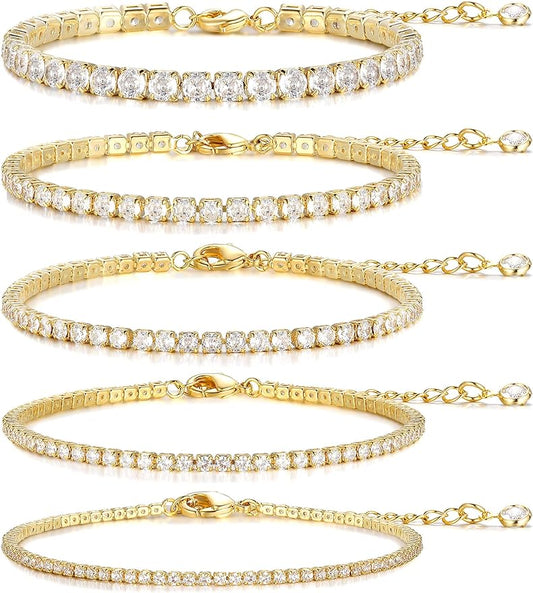 Gold Bracelets for Women Teen Girls, 14K Real Gold Plated Adjustable Cubic Zirconia Dainty Tennis Anklet Bracelets Pack, Classic Bracelets Aesthetic Jewelry for Gift