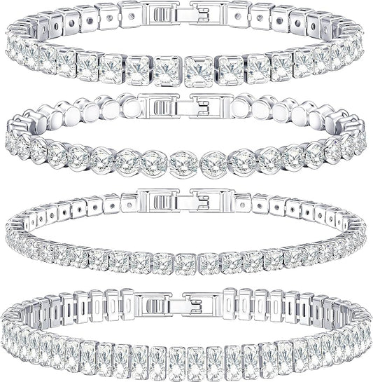 14K White Gold Plated Bracelet Set for Women, 4MM Cubic Zirconia Dainty Diamond Tennis Bracelets Pack, Classic Bracelets Aesthetic Jewelry for Gift | Size 6.5-7.5 Inch
