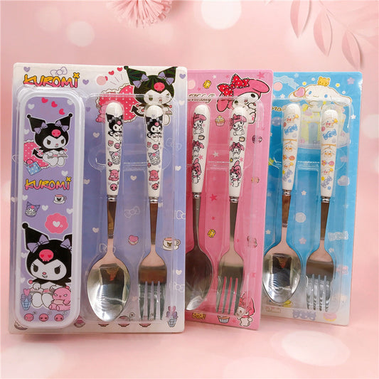Cartoon cutlery set Sanrio Kurumi Little White Dog 304 stainless steel + ceramic spoon fork cutlery box set